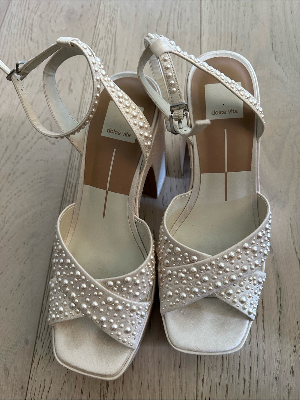 Dolce Vita Pearl-Embellished Cream Heeled Sandals